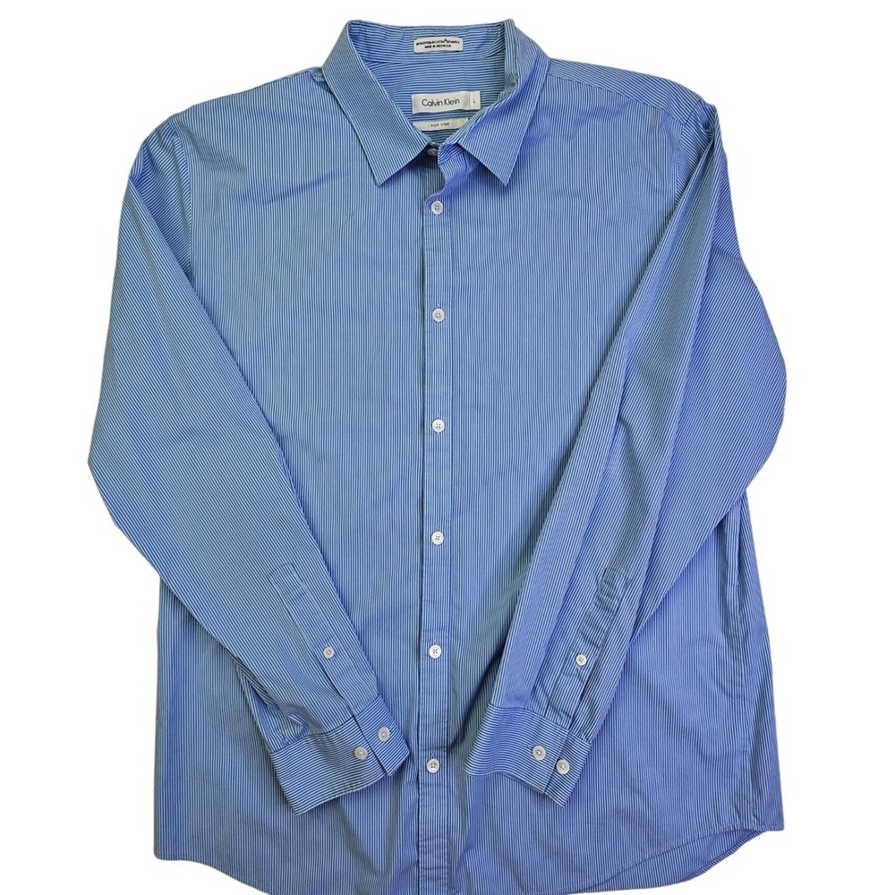 Calvin Klein Mens Blue‎ White Striped Non Iron Stretch Button Down Shirt L PC728